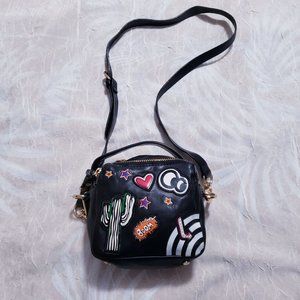 Zara Black Faux Leather Square Small Crossbody Purse Handbag Patches